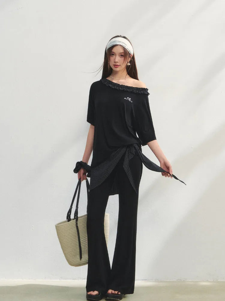 Checkered Asymmetric Shoulder Short-Sleeve T-Shirt & Pants Set