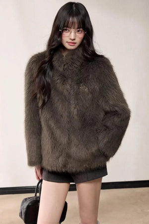 Eco-Friendly Fur Stand-Up Collar Coat