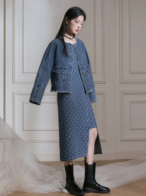 Edged Jacquard Denim Jacket Sundress Set