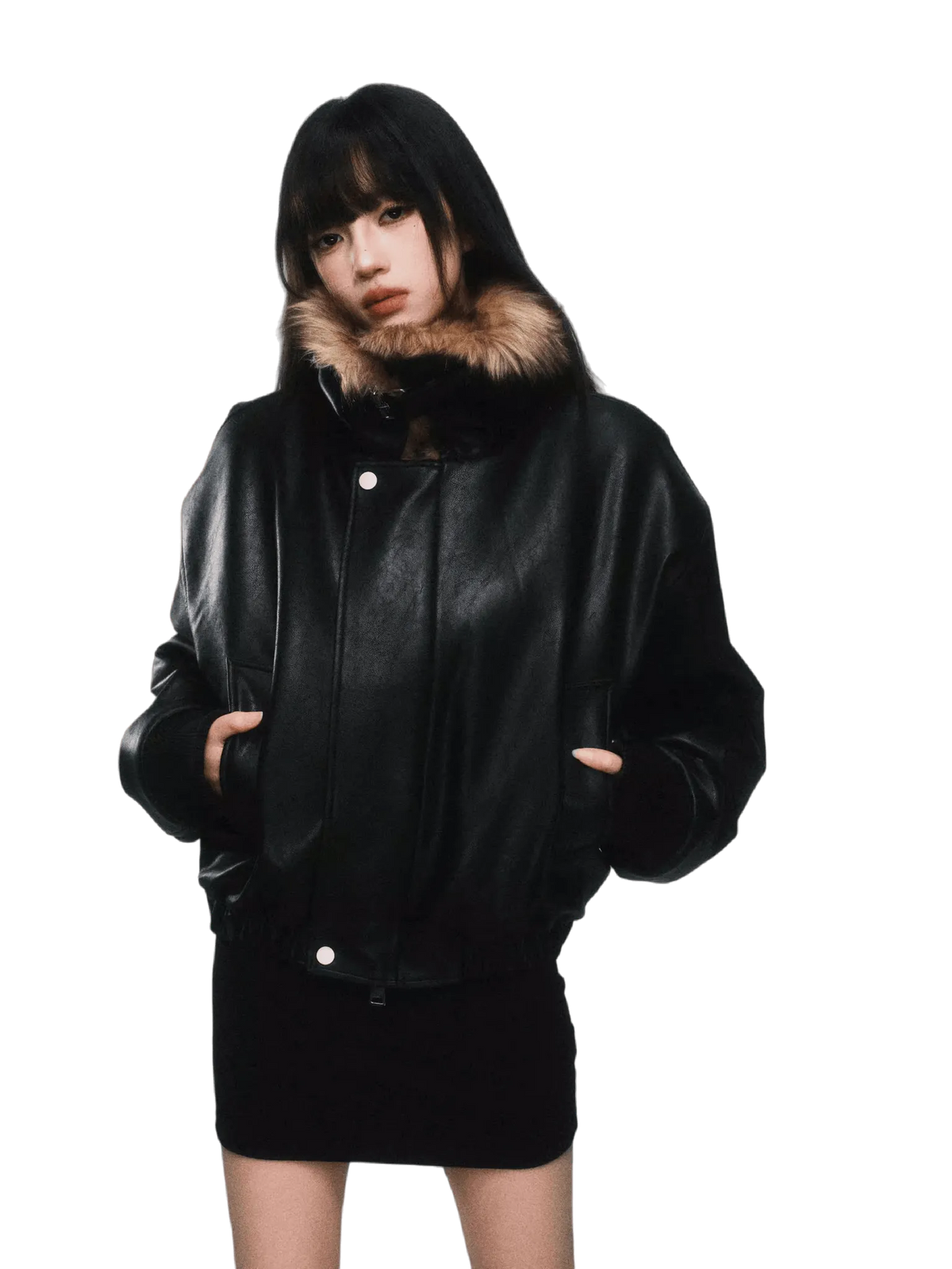 Faux Fur Collar Padded PU Biker Jacket