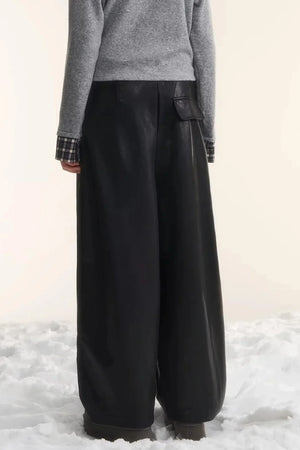 Elastic Waist Black Leather Pants