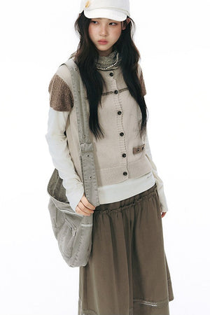 Elastic Waist Patchwork Wide-Leg Skirt Pants