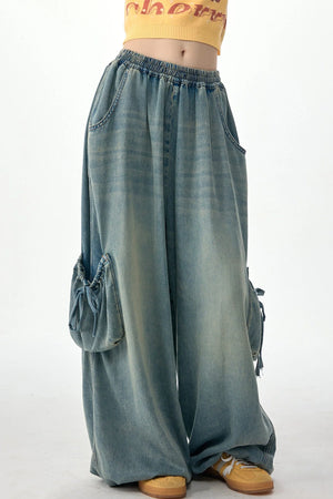 Elastic Waist Wide-Leg Denim Pants