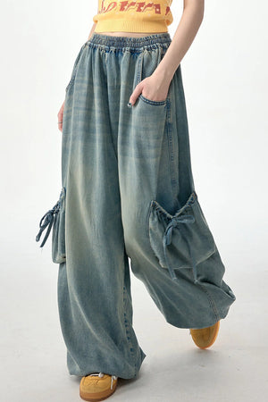 Elastic Waist Wide-Leg Denim Pants