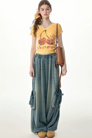 Elastic Waist Wide-Leg Denim Pants