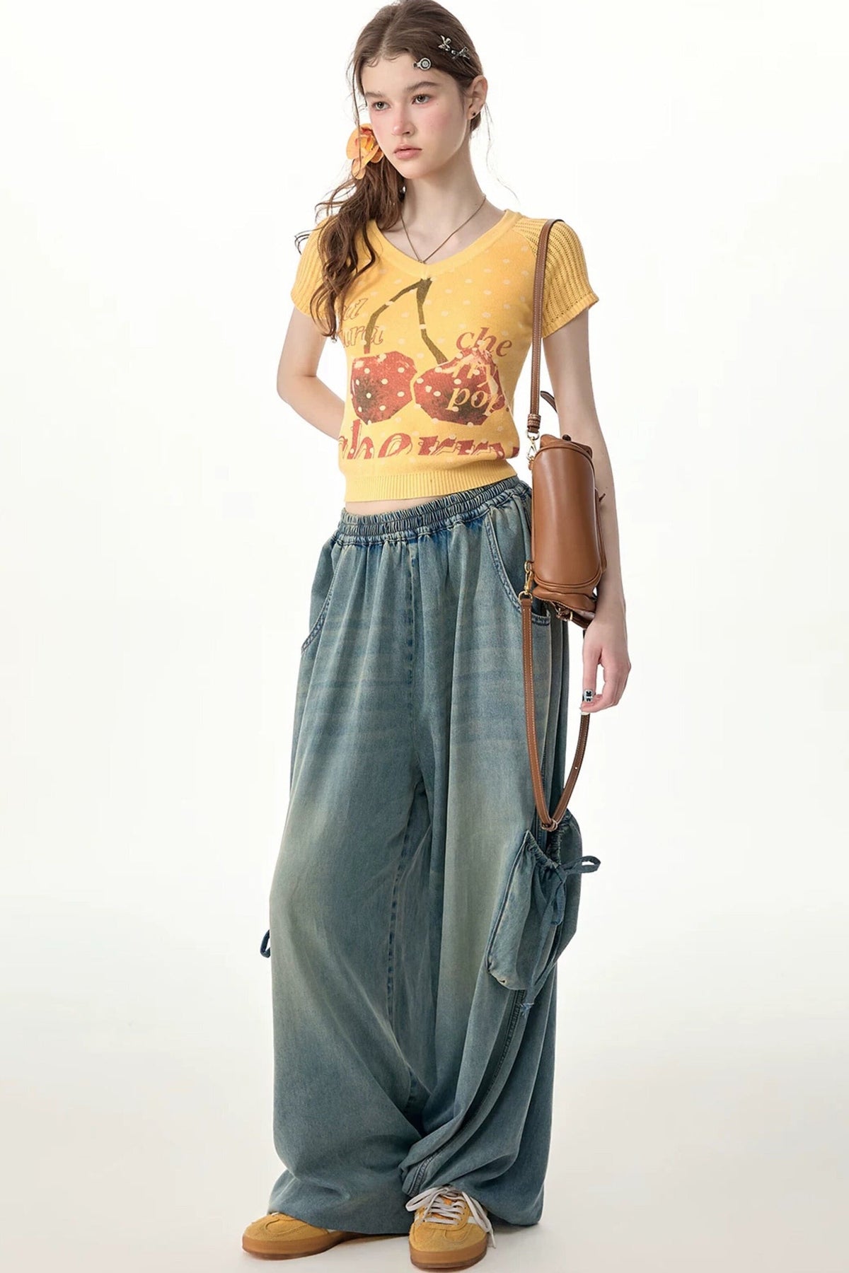 Elastic Waist Wide-Leg Denim Pants