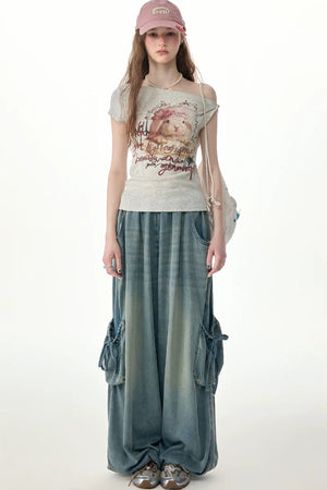 Elastic Waist Wide-Leg Denim Pants