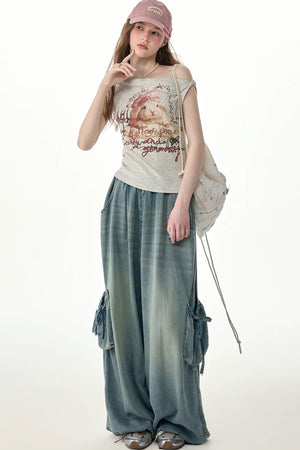 Elastic Waist Wide-Leg Denim Pants