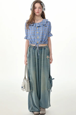 Elastic Waist Wide-Leg Denim Pants