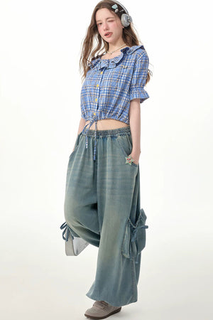 Elastic Waist Wide-Leg Denim Pants