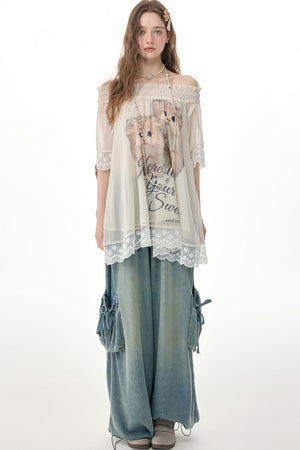 Elastic Waist Wide-Leg Denim Pants