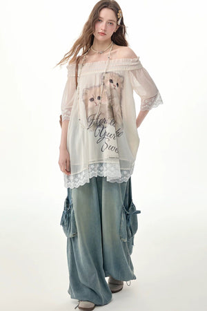 Elastic Waist Wide-Leg Denim Pants