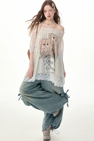 Elastic Waist Wide-Leg Denim Pants