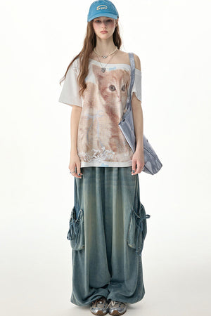 Elastic Waist Wide-Leg Denim Pants