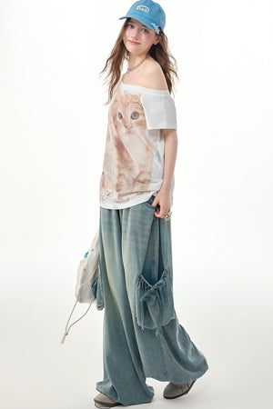 Elastic Waist Wide-Leg Denim Pants
