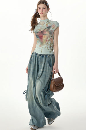 Elastic Waist Wide-Leg Denim Pants