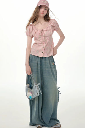 Elastic Waist Wide-Leg Denim Pants