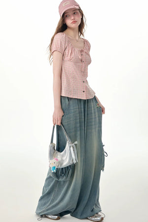 Elastic Waist Wide-Leg Denim Pants