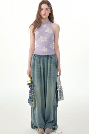 Elastic Waist Wide-Leg Denim Pants