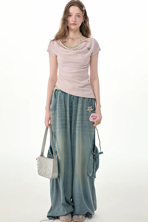 Elastic Waist Wide-Leg Denim Pants