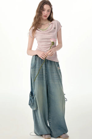Elastic Waist Wide-Leg Denim Pants