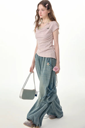 Elastic Waist Wide-Leg Denim Pants