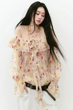 Elegant Floral Off-Shoulder Chiffon Top Set-Up