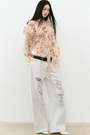 Elegant Floral Off-Shoulder Chiffon Top Set-Up