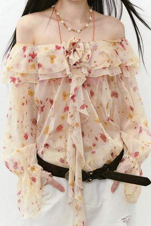 Elegant Floral Off-Shoulder Chiffon Top Set-Up