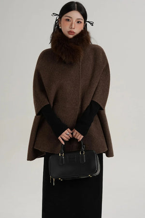 Elegant Fox Fur Wool Cape Coat