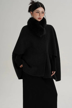 Elegant Fox Fur Wool Cape Coat