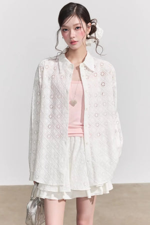 Elegant Hollow-Out Lace Blouse & A-Line Skirt Set-Up