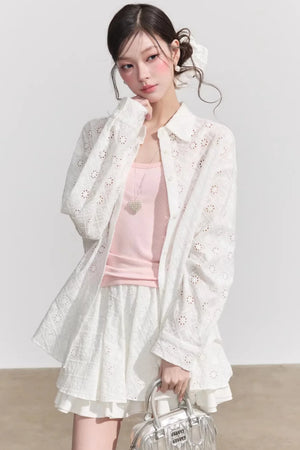 Elegant Hollow-Out Lace Blouse & A-Line Skirt Set-Up