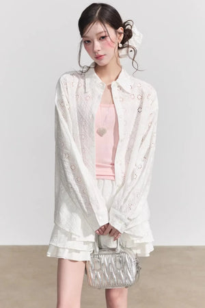 Elegant Hollow-Out Lace Blouse & A-Line Skirt Set-Up
