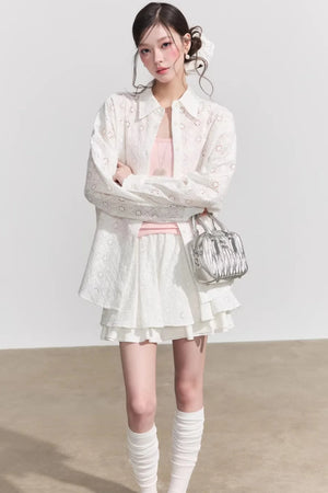 Elegant Hollow-Out Lace Blouse & A-Line Skirt Set-Up