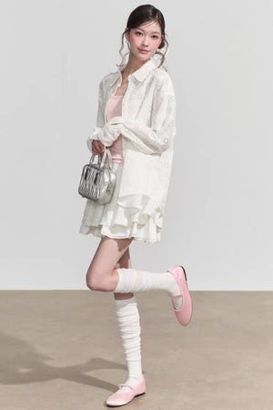 Elegant Hollow-Out Lace Blouse & A-Line Skirt Set-Up