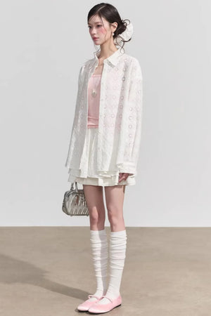 Elegant Hollow-Out Lace Blouse & A-Line Skirt Set-Up