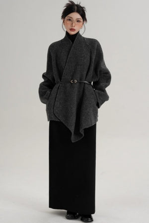 Elegant Lace-Up Woolen Coat