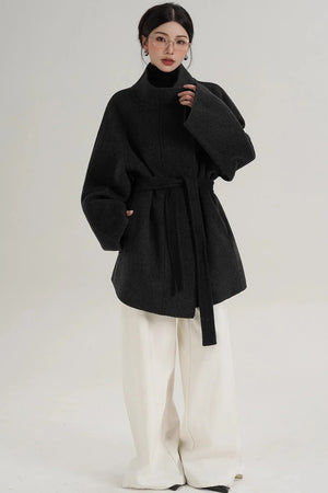 Elegant Woolen Lace-Up Coat