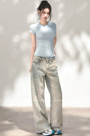 Embossed Cat Irregular Hem Bamboo Cotton T-Shirt