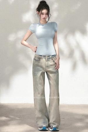 Embossed Cat Irregular Hem Bamboo Cotton T-Shirt