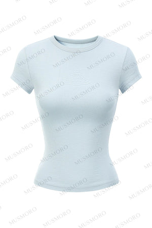 Embossed Cat Irregular Hem Bamboo Cotton T-Shirt