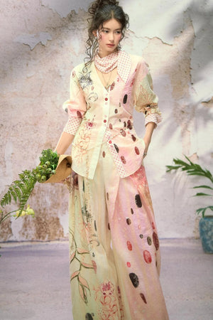 Embroidered Cat Print Wide Leg Pants