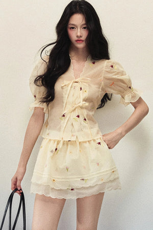 Embroidered Chiffon Top and Double-Layered Hem Skirt Set