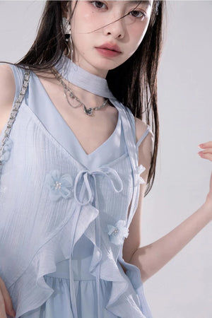 Embroidered Floral Cardigan Vest Dress Set