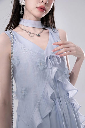 Embroidered Floral Cardigan Vest Dress Set