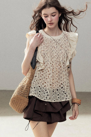 Embroidered Floral Flying Sleeve Top
