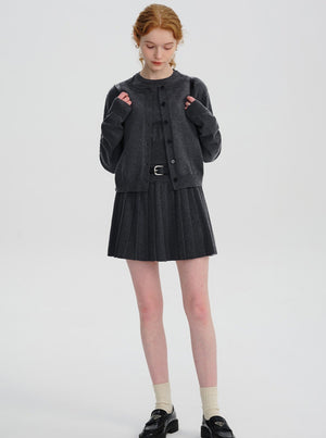 Embroidered Knitted Cardigan Pleated Skirt Set