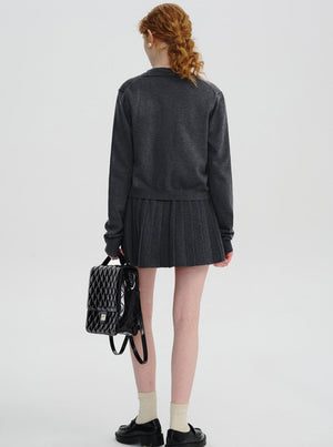 Embroidered Knitted Cardigan Pleated Skirt Set