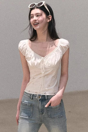 Embroidered Lace Puff Sleeve Top